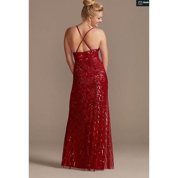 Prom Dress Red Sequin David's Bridal long formal size 2 adjustable straps - Picture 3 of 3